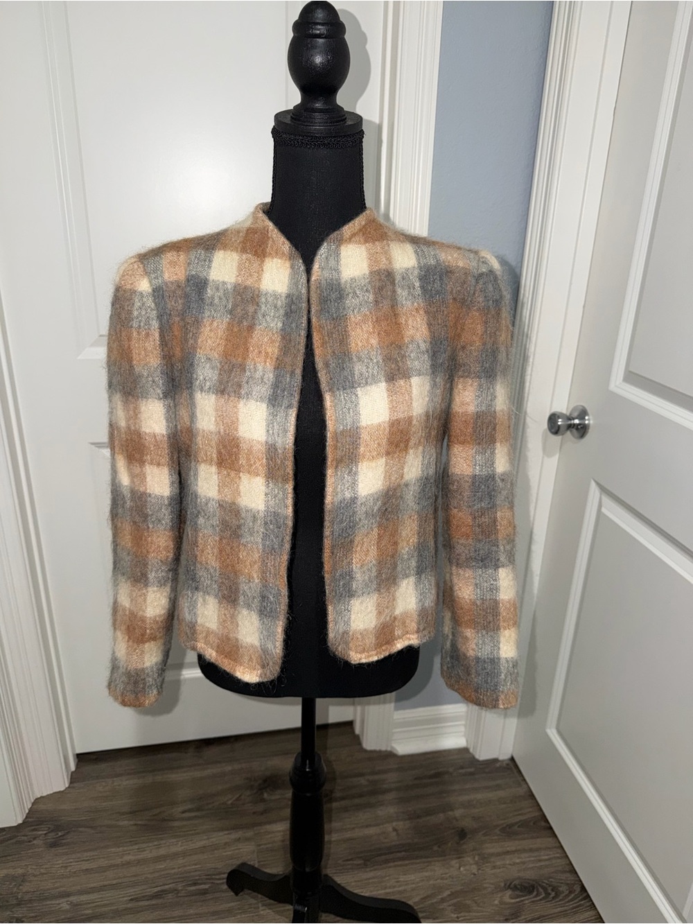 Cozy Plaid Fuzzy Open-Front Jacket in Neutral Tones